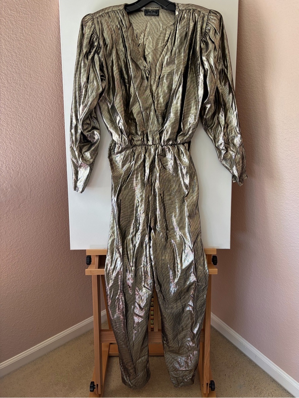 VTG 80s Cachet Bari Protas Gold Metallic Lamé Disco Jumpsuit XS S